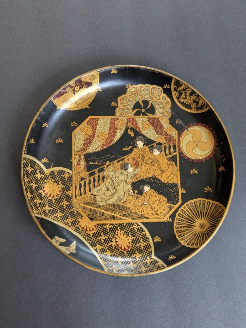 Vintage Japanese Style Gold & Black Decorative Plate Geisha Scene Wall Decor
